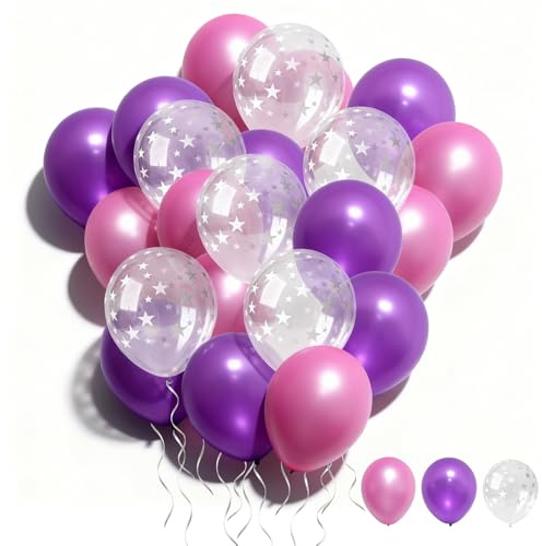 Pink & Purple Balloons with Star Design – 50 Pcs 10 Inch Latex Balloons for Birthday, Women Party & Engagement Decorations