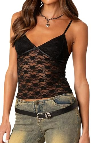 LEBOOBELL Tops de Encaje para Mujer Camisola con Cuello en V Top Corto Sexy Camiseta sin Mangas Y2k Conjuntos para Salir