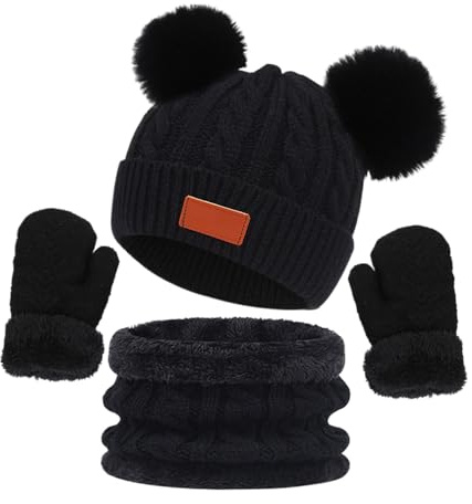 Generisch Ensemble de 3 pièces en tricot pour enfant - Bonnet d'hiver - Écharpe tubulaire - Gants en tricot - Écharpe douce et épaisse - Doublure polaire - Bonnet à pompon, Noir , taille unique