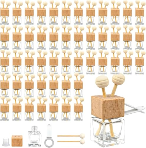 Lot de 50 désodorisants pour voiture - 8 ml - En verre vide - Avec clip et couvercle en bois - Rechargeables - Avec bâtonnets parfumés