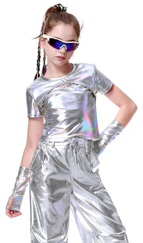 LOLANTA Girls Metallic Top Kids Sparkly Disco Hip Hop Performance Tops Shiny Ballet Dance Tops with Metallic Arm Sleeves, Laser Silver, 12-13 Years, 170