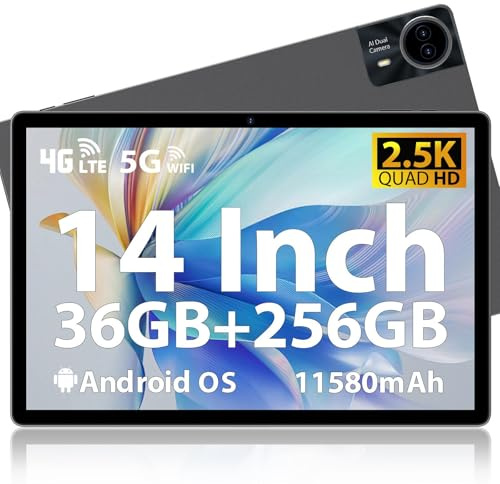 MAXLEGEN Tablet 14 Zoll, 2.5K 2240x1400 Display, 36GB RAM+256GB ROM/1TB TF Dual SIM Slot Tablet, 4G LTE+5G WLAN, Octa-Core, 4 Lautsprecher, 13MP, 11580mAh, GMS, GPS, inkl. Touch Pen/Hülle/Kopfhörer