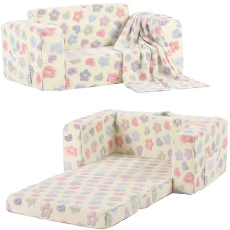 Tiita Kids Sofa Bed – Extra Wide 2-in-1 Toddler Chair Bed, Fold-Out Couch, Comfy Double Kids Chair Bed with Blanket, Children Couch to Lounger for Girls Boys, Flower