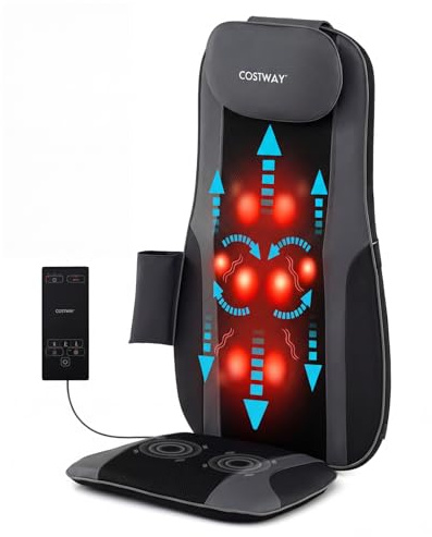COSTWAY Sedile Massaggiatore per Schiena con Calore, Cuscino Massaggiante Shiatsu per Poltrona con 4 Nodi Impastanti a Rotazione e 2 Motori Vibranti, Massaggiatore 3D per Collo e Schiena