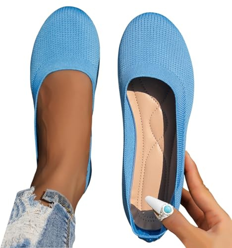 Nuqqichongtian Scarpe estive da donna, ballerine, slip on maglia, scarpe con punta rotonda, comode per passeggiate, zeppa bassa, stile casual, blu 36/EU