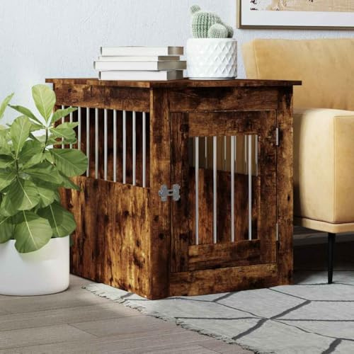QUAHEAS Dog Cage in Furniture Style Smoked Oak Wood Material and Steel 55 x 75 x 65 cm with Lockable Door, Ventilation, Side Table Function, Ideal as a Sleeping Place for Dogs up to 45 kg