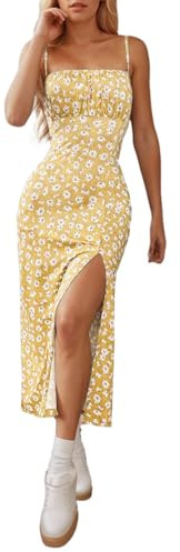 Dam Hängselklänning Omlott Byst Hög Slits Höft Lång Klänning(Yellow,XL)