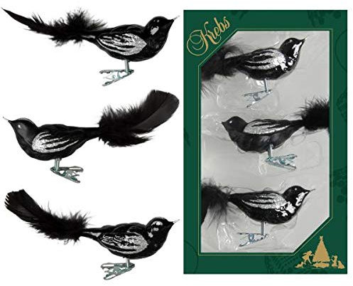 Krebs Glas Lauscha - Weihnachtsdekoration/Christbaumschmuck aus Glas - Vögel auf Clip - Farbe: schwarz - 3 Stück - Größe: ca. 11 cm