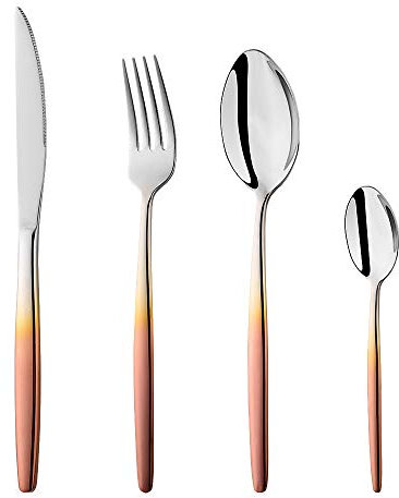 BISDARUN Stainless Steel Flatware Rose Gold Coloured Handle Cutlery Set 4 Piece Silverware Tableware Set Service for 1, Spoon Fork Knives for Party Outdooor Camping Travel, Dishwasher Safe