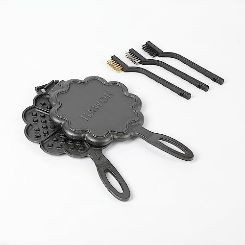 HAWOK Waffeleisen in Herzform aus Gusseisen, Schwarz Herz, L: 29 cm (mit Griff)/B: 11,4 x 17 cm, H: 2,5 cm