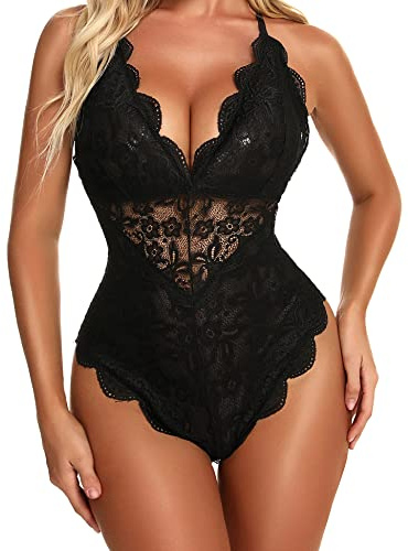 Aranmei Sexy Snap Crotch Bodysuit for Women Naughty One Piece Lace Babydoll Lingerie Teddy Black XL