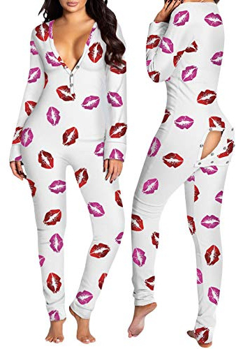 Loalirando Pijama Entera de Mujer Ropa de Dormir con Escote en V Mono Elástico Pelele de Manga Larga con Botones para Mujer Traje de Una Pieza para Hogar (Labios, L)
