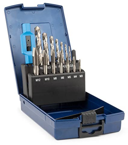 GSR Profi HSS-G Einschnittgewindebohrer Satz 15-teilig, M3-M12 mit HSS-G Kernlochspiralbohrer und verstellbares Windeisen Silver No.1 1/2, Gewindebohrer Set, In stabiler Kassette