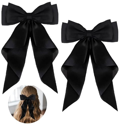 ZEVONDA Pack of 2 Big Bow Hair Clips - Solid Color Large Bowknot Hairpin Hair Clip with Long Silky Satin Tail Hair Barrettes Accessories for Girls Women, Black