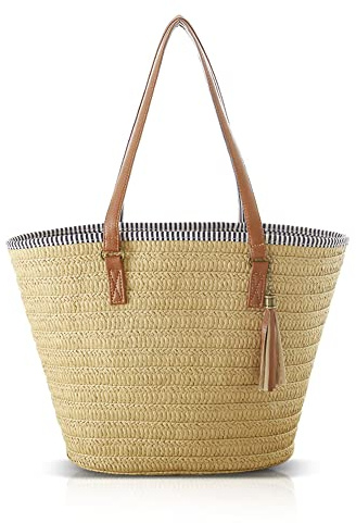 Pahajim Large Tote Bag with Zip Beach Bags for Women Straw Handbag Hand Woven Shoulder Bag for Travel, Holidays and Shopping