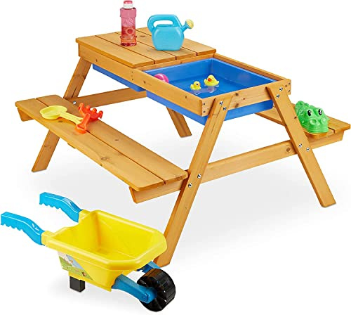 Banco Liverpool Mesa de Picnic para niños de Madera sostenible - Marrón- Mesa con Banco Infantil de Madera con bac sensoriales para Agua y Arena