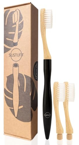 Sustuff | 3 Bamboo Toothbrushes with Medium Plant-Based Bristles | Reusable, Recycled and Plastic-Free Handle (Eclipse Black) Travel Toothbrush