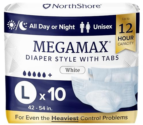 NorthShore MegaMax 12-Hour HBL Adult Diapers for Heavy Bladder Leaks, Large, 10 Count, White, 42-54 inches, Tab-Style Incontinence Underwear for Men, Women & Teens