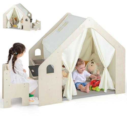HOMASIS 6 in 1 Kinderzelt Indoor, Spielzelt mit Kindertisch & Stuhl, Kinder Spielhaus mit Matte & Tafel & Aufbewahrungsbox & Kreidebox, Kinderspielhaus aus Holz für Kinder ab 2 Jahren (Mit 1 Box)
