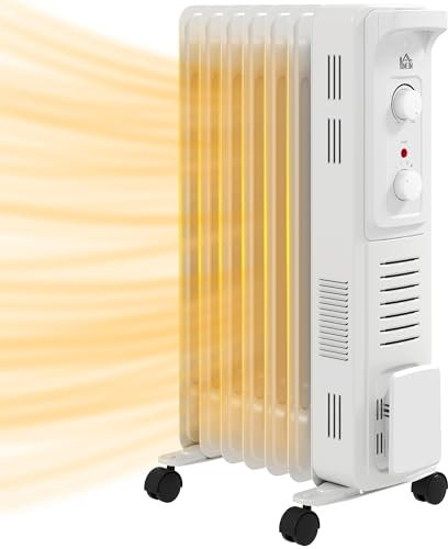 HOMCOM 1500W Radiatore silenzioso a olio, riscaldatore elettrico portatile a 7 alette ad alta efficienza energetica con 3 impostazioni di calore, termostato regolabile, protezione contro il