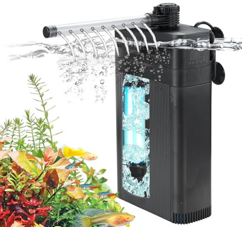 Internal Fish Tank Filter with 5W UV Light, Multi Filter Materials, Adjustable Water Flow Submersible 700L/H Aquarium Filter Pump for 120l ~ 180l Freshwater or 70l ~ 100l Saltwater, TU-700(700L/H)