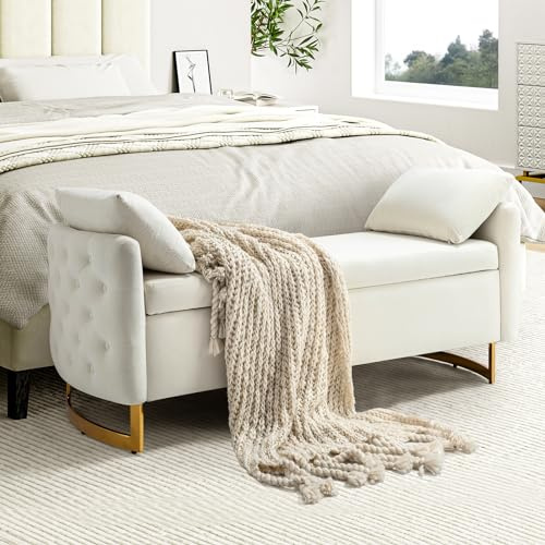 HULALA HOME Storage Ottoman Bench with 2 Pillows and Metal Legs Upholstered Bedroom Benches for End of Bed Padded Footstool for Hallway Entryway Living Room, Ivory