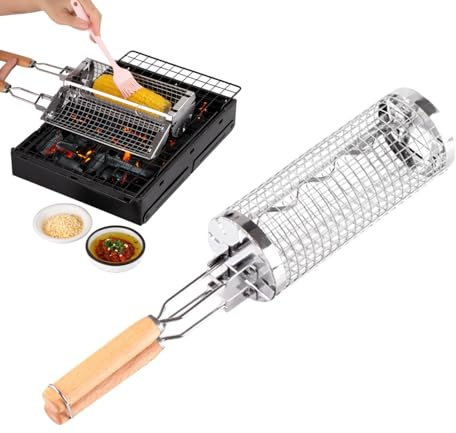 Yianyal Rullande grillkorgar, roterande grillkorg, rund mesh grönsakskorg - Grill Rotation Bur rullande grillkorgar för utomhusbruk, camping, BBQ, grill