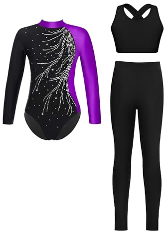 Rswnyirn 3 Pcs Ensemble Justaucorps Gymnastique pour Enfant Fille Tenue Gym Legging Patinage Artistique Sport Violet 15-16 ans