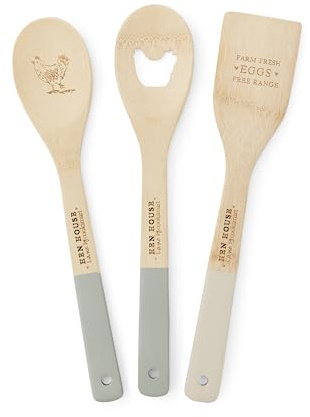 Cooksmart Hen House Lane Lot de 3 ustensiles de cuisine en bambou | Ustensiles de cuisine en bois naturel | Outils de cuisine durables et légers | Motif poule de ferme gravé | Respectueux de