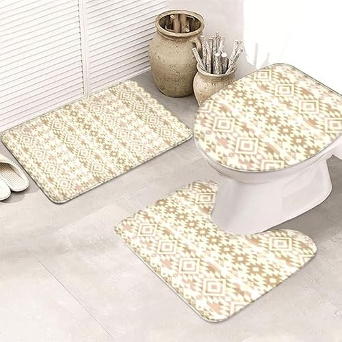Badezimmerteppich Gelb Gestreifte Geometrie WC Vorleger mit Ausschnitt WC Deckelbezug 3 Teiliges WC Teppich rutschfeste Badgarnitur U förmiger Badematte Waschbar Bad Teppiche Set 50x80 cm