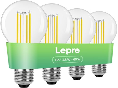 Lepro Ampoules LED E27 Haute Efficacité avec Classe Énergétique A, 806LM, 3.8 W Équivalent 60 W, Blanc Chaud 2700K, A60 Forme Balle de Golf, Angle de Faisceau 300 °, Non Dimmable, Lot de 4