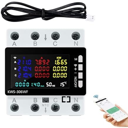 Compteur électrique 3 phases, compteur électrique WiFi intelligent, compteur électrique numérique WiFi, 80 A 220 V CA, protection contre les coupures de courant, la surchauffe, la sous-tension, la