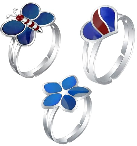 Set de 3 bagues d'humeur pour enfants - Anneaux changeant de couleur (papillon, coeur, fleur) - Bijou réglable pour filles