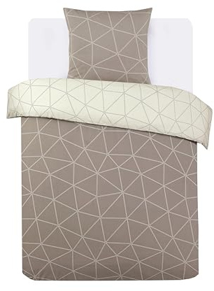 Vision - Ropa de cama reversible - 100% franela de algodón - Hugo Beige - Juego de funda nórdica de 140 x 200 cm con 1 funda de almohada individual - Franela: suave y cálida - Ökotex