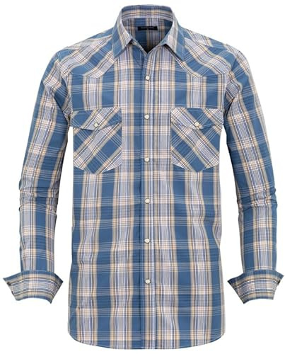 Men’s Western Cowboy Shirts-Long Sleeve Snap Button Plaid Shirt, Regular Fit Cotton Casual Shirt(493-XL)