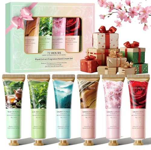 Crèmes Mains, 6 Lot Coffret Cadeau Mini coffret avec 6 arômes uniques, Mini Crèmes Parfumées, Mains et Pieds Secs et Gercés, l’hiver Idéales pour Femmes, Collègues et Amies