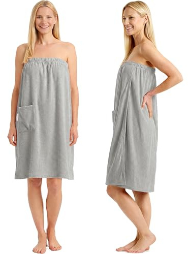 CalmySPA Toalla de sauna ligera de rizo para mujer, toalla de sauna de algodón con goma elástica y botón, vestido de sauna, toalla de sauna, toalla de sauna, vestido para mujer, falda escocesa (gris