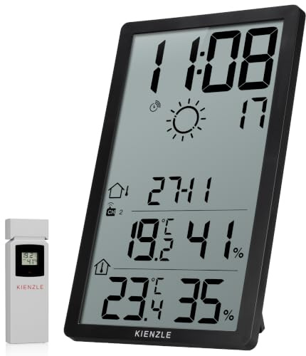 Kienzle Reloj de pared con estación meteorológica XXL, pantalla vertical, 34 cm, temperatura interior y exterior, humedad, pronóstico del tiempo, incluye sensor exterior