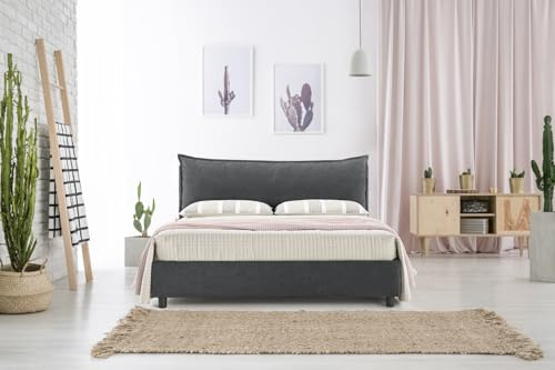 EVERGREENWEB Letto Matrimoniale con Contenitore 180x200 cm Elegante Struttura Letto Imbottita, Rete a doghe in Legno Inclusa, Moderna Testiera Rivestimento SFODERABILE Tessuto Grigio Scuro Mod. ARLES