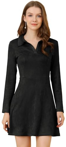Allegra K Women's Faux Suede Dress Western Long Sleeve Fall A-Line Mini Dresses Cowgirl Outfit Large Black