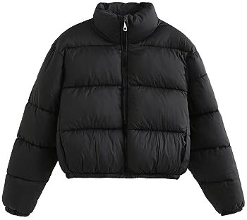 Sukany Women's Casual Zip Up Puffer Jacket Loose Stylish Stand Collar Long Sleeved Short Padded Down Jacket Coats Black S