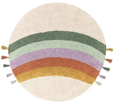 RugVista Rainbow Teppich, Kinderzimmerteppich, ∅ 100 cm, Rund, Kinderteppich für Kinder, Baumwolle, Spielteppich Babys Junge Mädchen, Keine schädlichen Stoffe, Naturweiß/Mehrfarbig