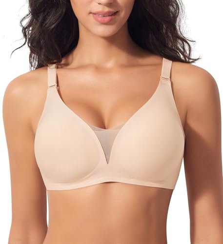 Ganado Damen Nahtloser BH Bügelloser Bequemer BH Bustier Bralette Soft (Beige-Mesh, L)