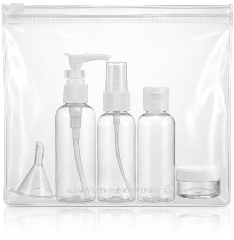 5 x reseflaskor set för toalettartiklar, tomma påfyllningsbara reseflaskor, klar plast, resebehållare, idealisk för schampo, kosmetisk lotion, kroppstvätt, smink, duschgel, handtvål, resor, 80 ml (5