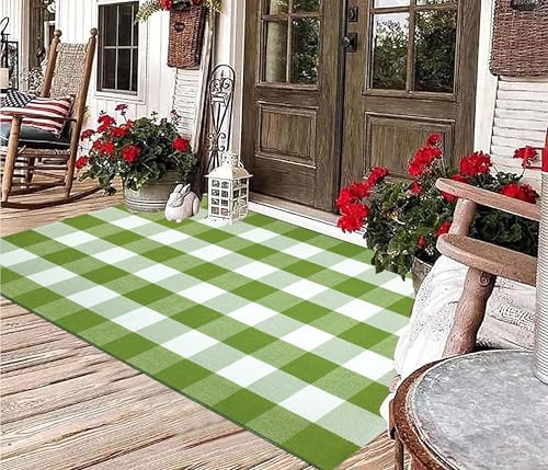 Front Porch Rug 3'x5'Checkered Green and White Outdoor Rug Farmhouse Layered Doormat Machine Washable Front Door Mat Outdoor for Hello Welcome Mat,Bedroom,Entryway,Patio