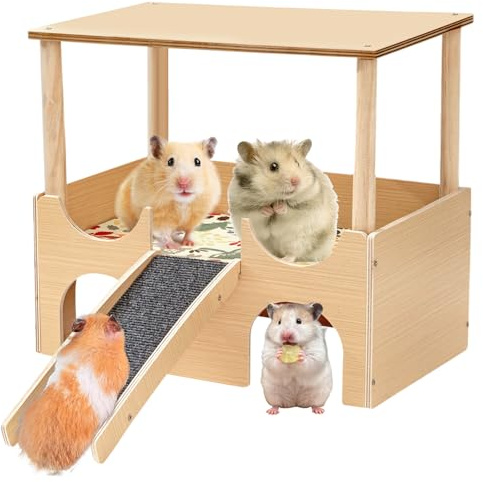 GOMETY Cabane Cochon d'Inde en Bois, Grande Maison Lapin avec Rampe et 3 Entrées, Maisonnette pour Rongeurs, Cachette pour Hamsters Nains, Chinchillas et Petits Animaux de Compagnie