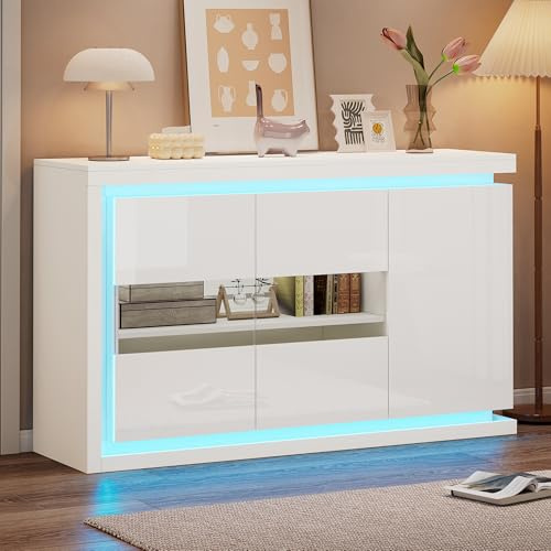 Merax Sideboard in Hochglanz Weiß, Moderne Kommode Aufbewahrungsschrank mit LED-Beleuchtung, Küchenschrank Buffetschrank mit 3 Türen, Einzigartige Glastür, Mehrzweckschrank für Esszimmer, Wohnzimmer