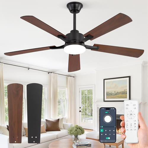 ZMISHIBO Ventilateur de Plafond avec Lumière LED 132 cm, Moteur DC Silencieux, 6 Vitesses, Télécommande & Application, Pales Réversibles Bois Noir/Noyer, Dimmable 10–100%, Mémoire, Chambre Salon