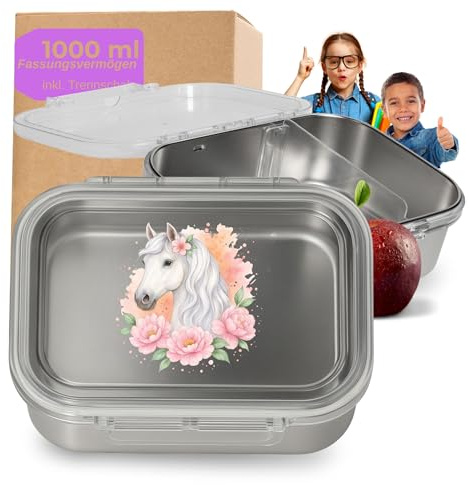 Lunchlåda i rostfritt stål förvaring 1 000 ml – barn vesperbox hästmotiv skiljevägg