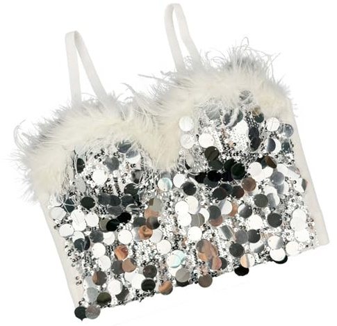 Ruarby Top corsetto con paillettes scintillanti e piume, per feste e donne, bustino a lisca di pesce, spalline sottili, canotta da sera, Multicolore, XL